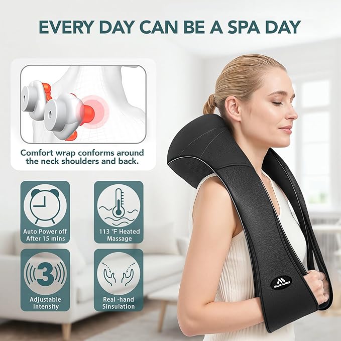 MagicMakers Electric Shiatsu Neck Massager with Heat - Pain Relief for Back Shoulders &amp Feet - Gifts for Men Women Mom Dad - From Daughter or Son - Ideal for Christmas Mother's Day &amp Fath
