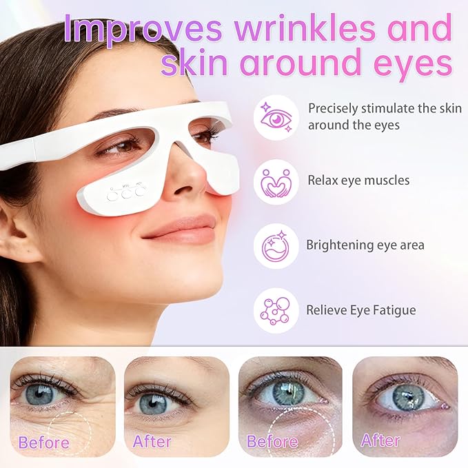 Under Eye Red Light Therapy Glasses Reducing Dark CirclesLight Therapy and HeatLight Therapy and Heat for Eye Fatigue(White &amp 3 Modes)