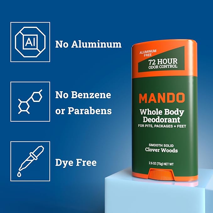 Mando Whole Body Deodorant For Men - Smooth Solid Stick - 72 Hour Odor Control - Aluminum Free Baking Soda Free Skin Safe - 2.6 Ounce (Pack of 2) - Clover Woods