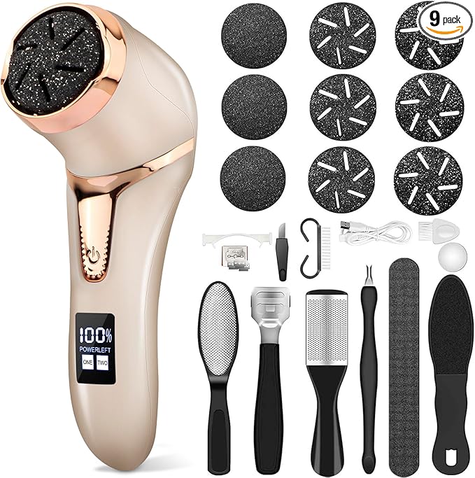 Electric Callus Remover for Feet Portable Pedicure Kit Foot File Callus Remover Rechargeable Waterproof Foot File for Foot Care Deadskin Remover with 9Head&ampLCD Display Gold