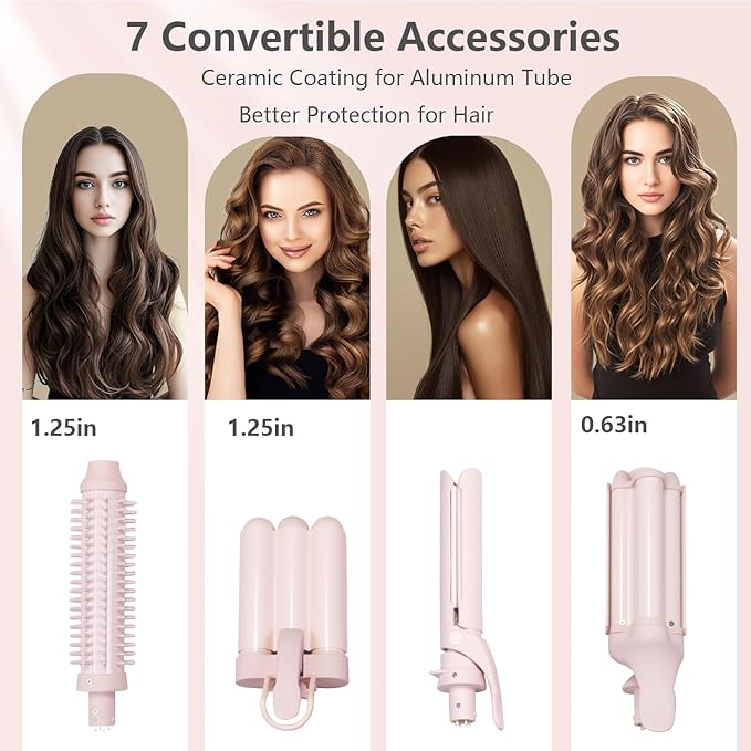 Curling Iron Set 7-in-1 Multi Curler Wand Set with 5 Interchangeable Barrels(0.6-1.25) Crimper Styling Tools Heated Round Brush Hair Straightener Ceramic Coating with Pink Gift Package
