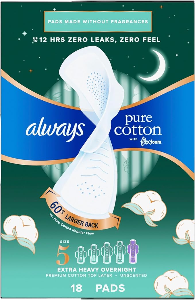 Always Pure Cotton Feminine Pads for Women FlexFoam Pads with Wings Size 5 Extra Heavy Overnight Absorbency Unscented 54 Count (3 Packs of 18)