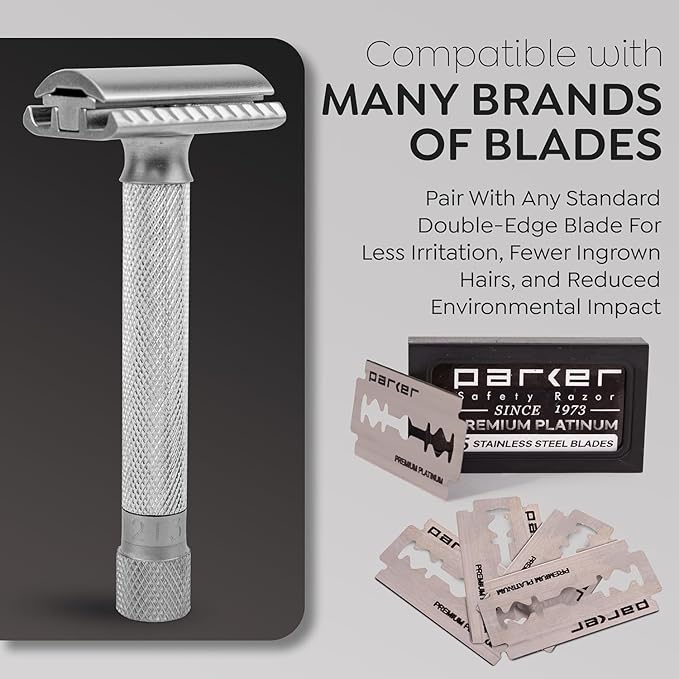 Parker THE VARIANT CLOSED COMB - ADJUSTABLE Double Edge Safety Razor Customize your Shave with a Turn of the Dial from Mild to Aggressive - 5 Blades Included (SATIN CHROME)