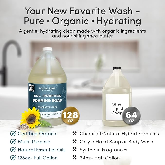 SoCal Suds &amp Company 128oz Certified Organic Foaming Hand &amp Body Wash - Gentle Natural BodyBaby &amp Face Wash for Sensitive Skin Moisturizing All-Purpose Foaming Soap &amp More - Fragranc