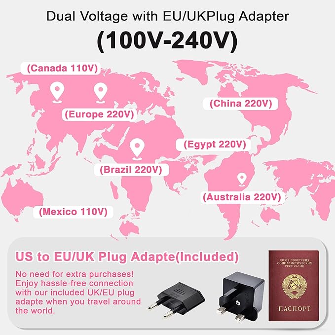 Dual Voltage Curling Iron for Travel110V-240V Curling Iron 1 inch with European Plug Adapter2 in 1 Hair Straightener and CurlerCeramic Curling Irons for Short HairHeat-Resistant Pad(Pink)