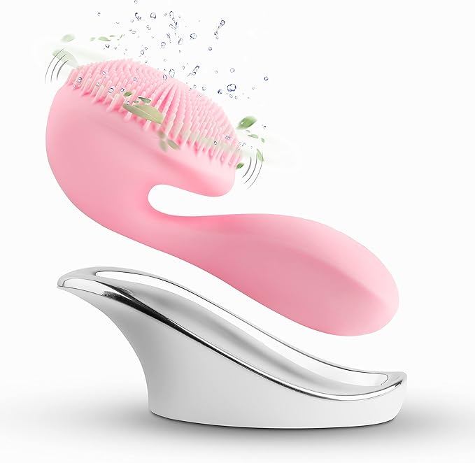 Silicon Facial Cleansing Brush - Electric Rechargeable Waterproof IPX7 - Rotating Magnetic Beads - 4 Function Modes - Face Massage for Deep Cleaning - Magnetic Charging Base - Ergonomic Handle