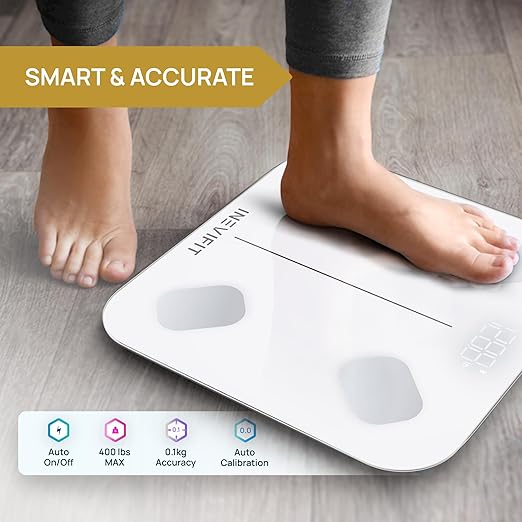 INEVIFIT Smart Body Fat Scale Highly Accurate Bluetooth Digital Bathroom Body Composition Analyzer Measures Weight Body Fat Water Muscle Visceral Fat &amp Bone Mass for Unlimited Users (Eco-Wht