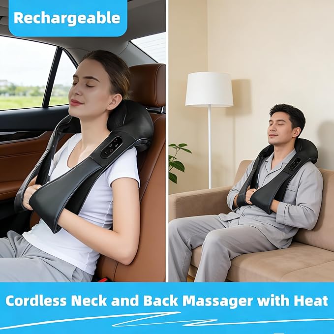 Cordless Neck and Shoulder Massager with Heat - Rechargeable Shiatsu Back Massager for Pain Relief - Deep Tissue Kneading Massage Pillow for Neck Back Shoulders Legs - Gifts for Men &amp Women