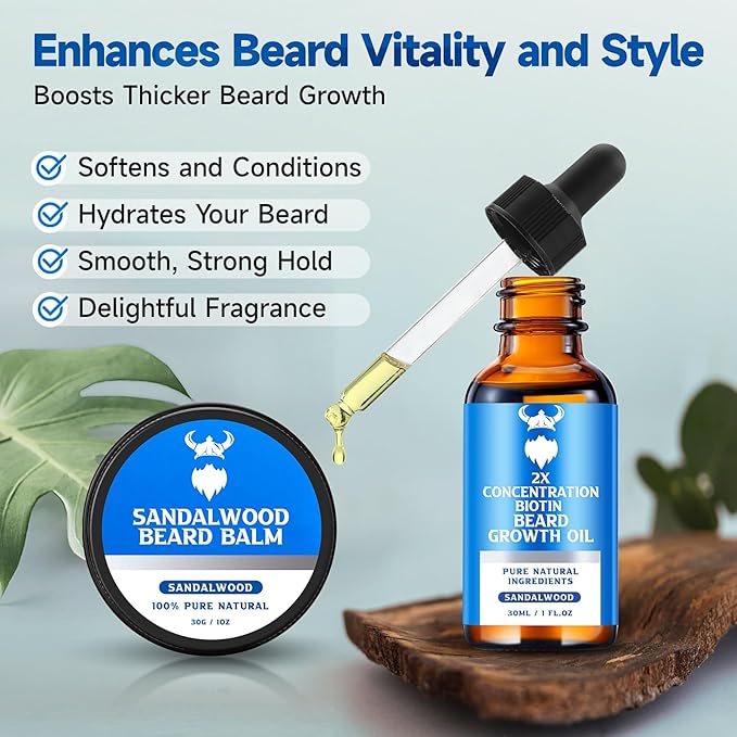 Beard Growth Oil &amp Beard Balm - Beard Growth Kit with 2X Concentration Biotin for Men Natural Ingredients with Argan Oil Jojoba Oil and Vitamin (Sandalwood)