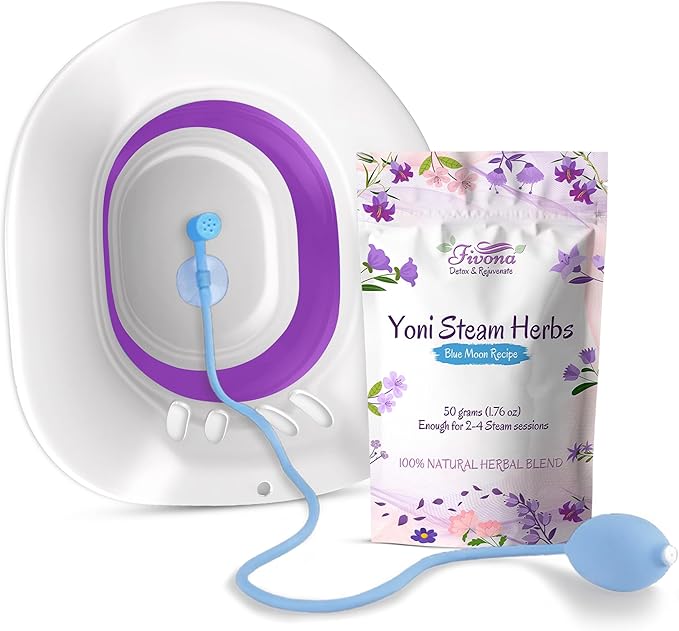 Fivona 3-in-1 Yoni Steam Kit - Bundle of V Steaming Herbs Blue Moon Recipe 1.76 Ounces (2-4 Steams) with Expandable V-Steam Seat and Hand Flusher for Detox Cleansing pH Balance and Odor Control