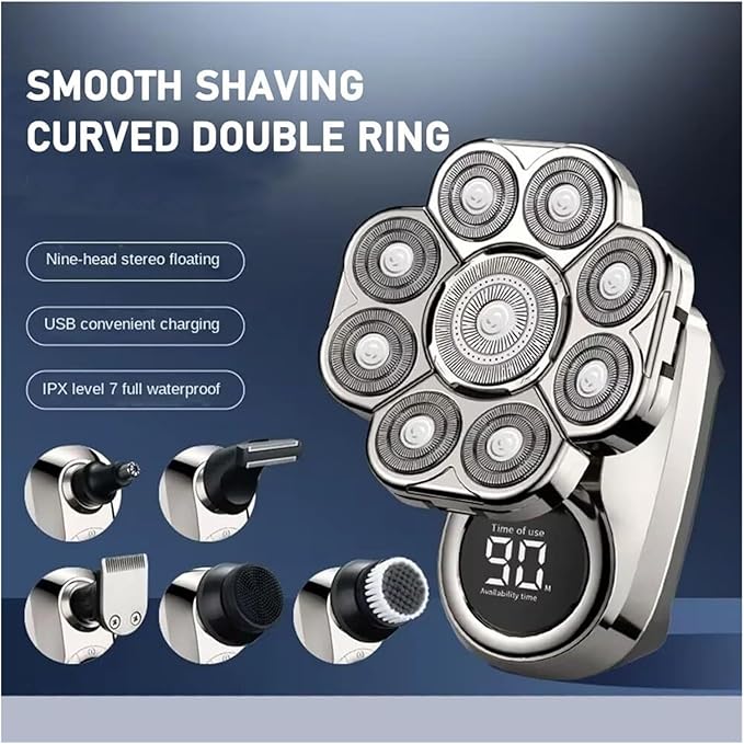Bawldy Pro Head Shaver 9D Floating Blade Heads Intelligent LED Display IPX7 Waterproof Wet Dry Shaving Rechargeable Cordless Razor(1 Set Silver)