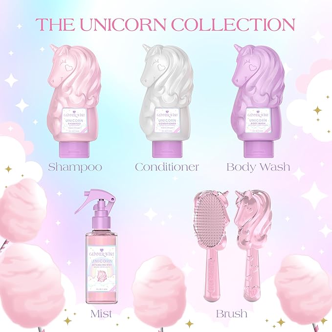 Glimmer Wish Premium Unicorn Shampoo + Conditioner + Body Wash Vanilla Cotton Candy Scent Dermatologist Tested Sulfate &amp Sulfite Free Paraben Free PEG &amp EDTA Free 100% Vegan Cruelty &am