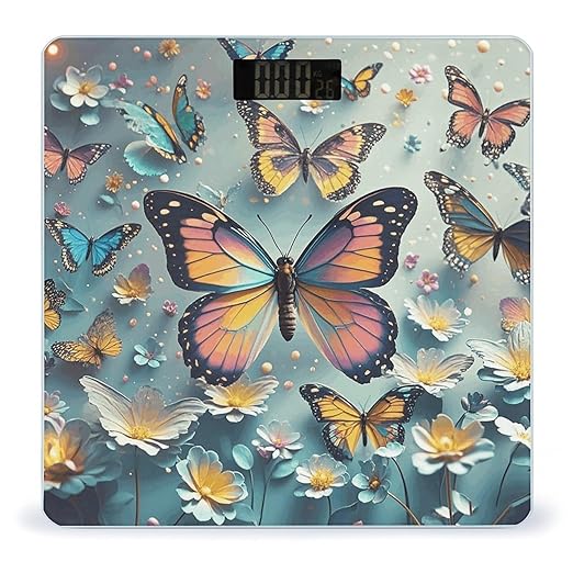 Cute Butterflies Scale for Body Weight Sturdy Tempered Glass Weighing Scales with LCD Display Accurate Digital Bathroom Scale Convenient Body Fat Smart Scales Easy Read