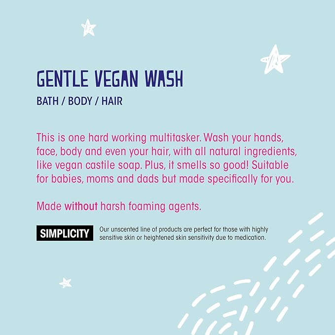 Zandra Gentle Vegan Body Wash- Bath/Body/Hair - Mild and Refreshing Liquid Soap for Babies and Adults Made with Olive and Coconut Oil - UNSCENTED (8 oz)