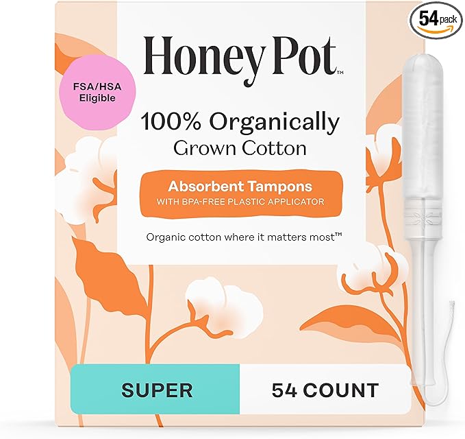 The Honey Pot Company - Super Absorbency - 100% Organic Cotton Core Tampons w/Bio Plastic Applicator - Feminine Care – Unscented - 54 Count (3 Packs of 18)