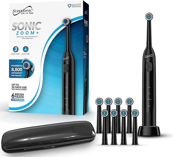 Supersonic TB-1000 Sonic Zoom+ Advanced Rotating Electric Toothbrush | 8800 OPM | Wireless Charging | 3 Cleaning Modes | 6 Brush Heads | Auto Timer | Travel Case | Black