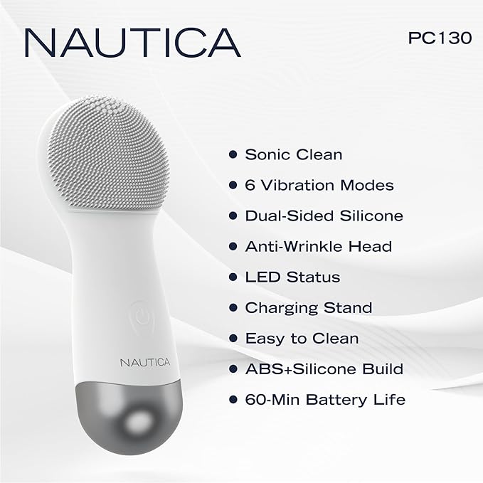 Nautica PC130 Sonic Facial Cleansing Brush Made with Ultra Hygienic Soft Silicone Waterproof and Rechargeable Face Scrub Brush for Men &amp Women - (Milk)