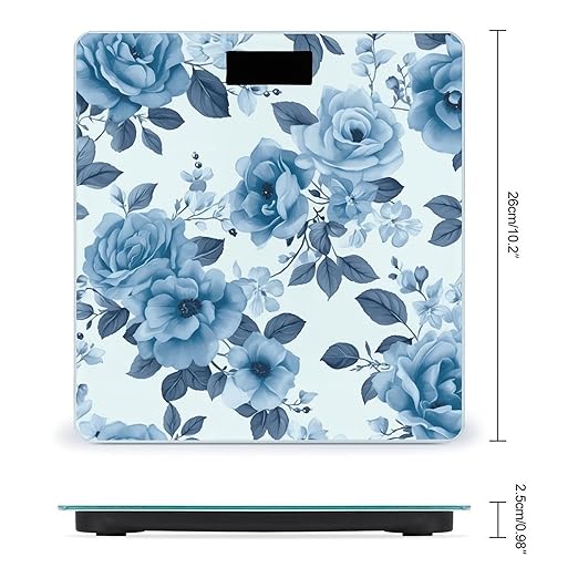 Blue Flower Floral Pattern Roses Bathroom Scale Large LCD Backlight Display Digital Scale Rounded Corners Body Scales Automatic Power On/Off Bathroom Scales for Home Bedrooms