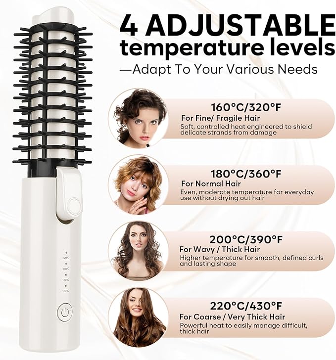 Cordless Curling Iron Brush Mini Travel Hot Straightener Comb Curl Brush Rechargeable 4 Temps Cordless Wand Blush with 200 Million Negative Ions for Curls Straightening Styling (White)