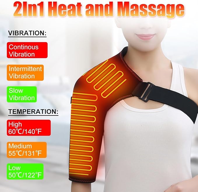 WOOLALA Heated Shoulder Brace with Massager - Electric Heating Pad for Shoulder Pain Relief &amp Upper Arm Muscle Portable Heated Wrap