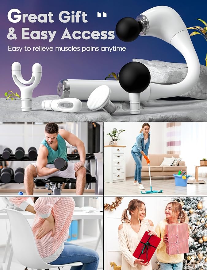 FVZ White Percussion Massage Gun with Upgraded Extension Handle 10MM Massage Gun Deep Tissue Muscles/Neck/Shoulders/Waist/Legs Massager Portable for Pain Relief