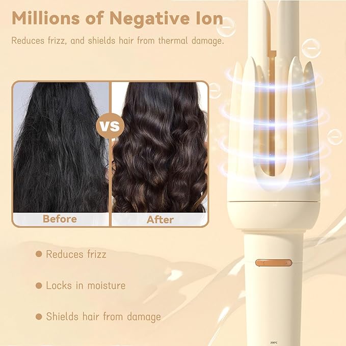 Automatic Curling Iron 1.25Inch Wave Curling Iron Fast Heating Hair Curling Wand with 3 Temp &amp LED Display 60Min Auto Shut-Off Anti-Scald Anti-Tangle Rotating Curling Irons for Hairstyle (Yell