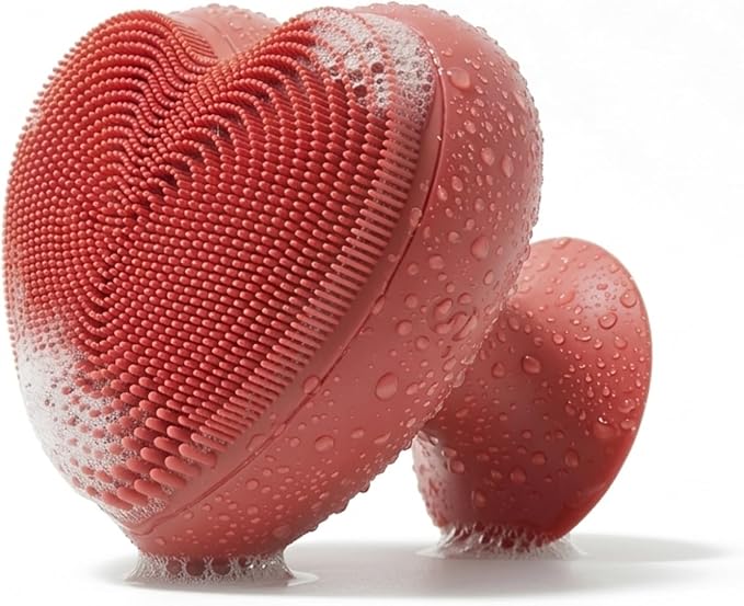 Heart Face Clean Pro⁺ - Electric Silicone Facial Scrubber for Acne with 7000+ Sonic Pulses - IPX7 Waterproof Rechargeable Exfoliator with Slip-Free Grip 3 Speed Settings &amp Phthalate-Free - Cherry