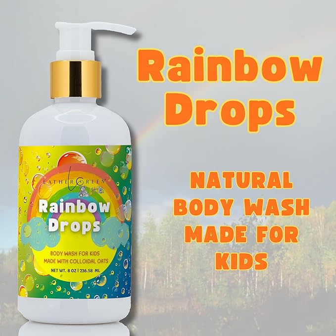 Kids Body Wash – Plant Based Gentle Moisturizer with Shea Butter – Safe for Sensitive Skin – Rainbow Drops – 3 Pack (8 oz Each)