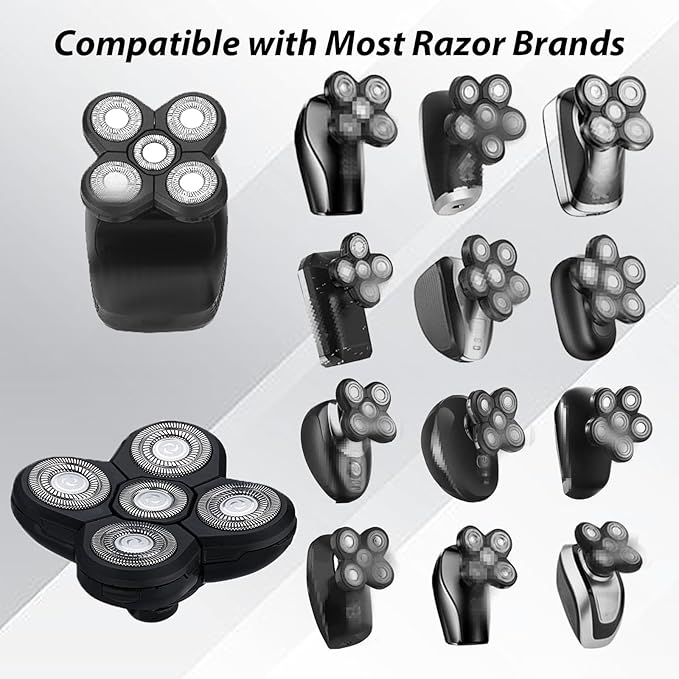 5 Replacement Heads for Universal Series Head Shaver Waterproof Blade Electric Bald Men Freedom Grooming Waterproof Razor Refills Rotary Heads Design + 2 Cleaning Brushes for Father Husband Partner