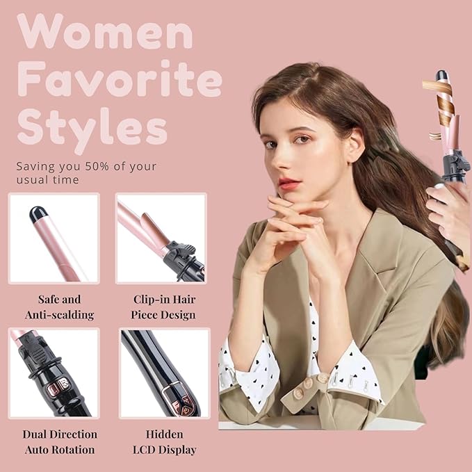 Automatic Curling Wand 28mm/1.1 inch Rotating Curling Iron for Short Long Hair LED Display Professional Waver Hair Fast Heating (Rose Gold)