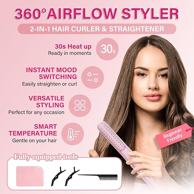 Airflow Styler Curling Iron360° Cool Air Lock in Style for Lasting Curls 2 in 1 Hair Straightener and Curler Anti-Scald for Short Long Hair（Pink）