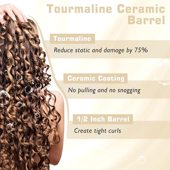 1/2 inch Curling Iron for Short Hair Dual Voltage Hair Curling Iron Ceramic Professiona Curling Wand Tourmaline(Champagne Gold)