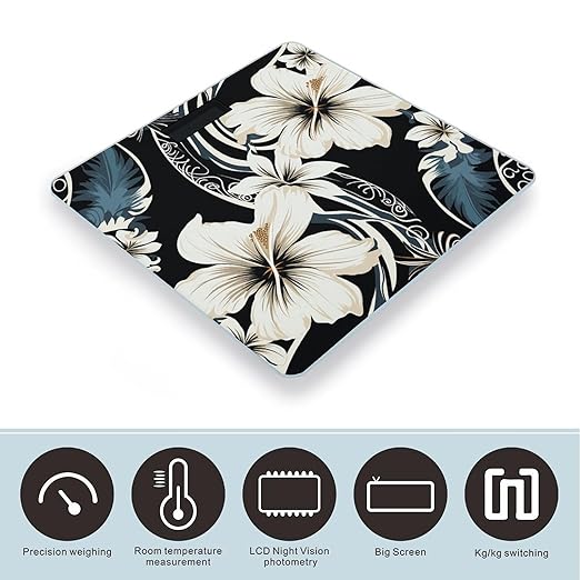 Black and White Hawaiian Flowers Bathroom Scale Rounded Smart Scale for Body Weight Automatic Power On/Off Weight Scales Accurate Bathroom Digital Scales for Pet Home Bedroom Kitchen
