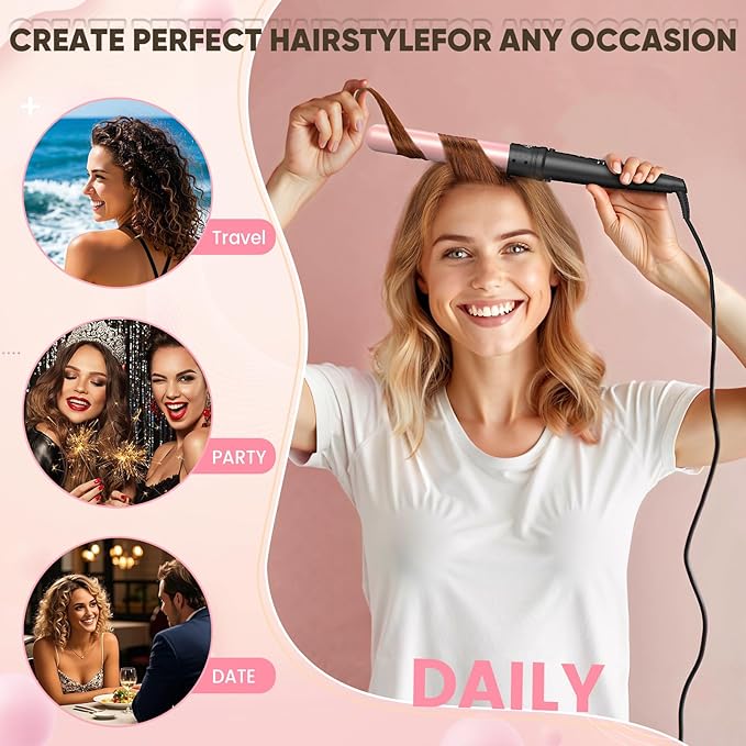 5 in 1 Curling Iron Wand Set Hair Curling Iron Interchangeable Ceramic Barrels (0.35 to 1.25 Inch) Barrel Heat Protective Glove 2 Clips Dual Voltage Hair Curler for Girls Women Gift - Rose Gold