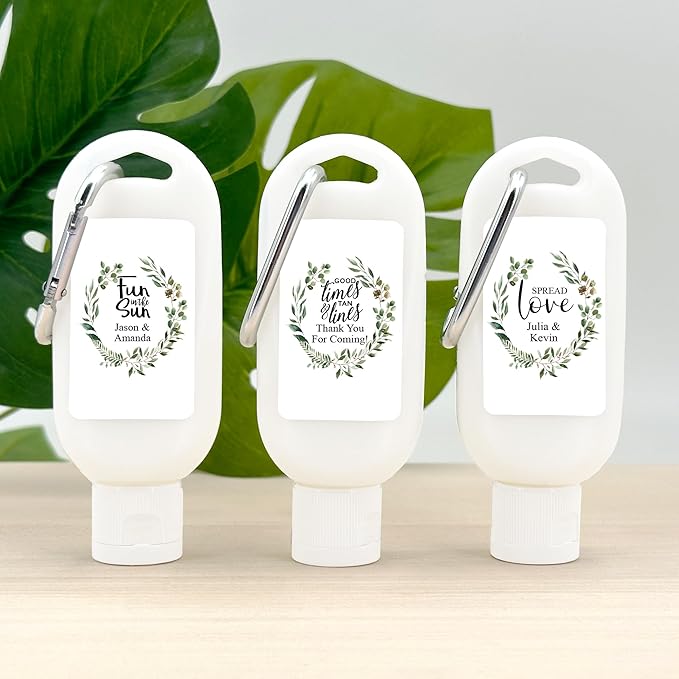 Personalized Sunscreen with Carabiner SPF 30 Custom Sunscreen for Wedding Favors Garden Wedding Botanical Wedding Bridal Shower Favors Bachelorette Gift (Set of 12)