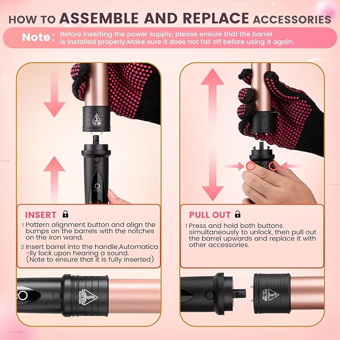 5 in 1 Curling Iron Wand Set Hair Curling Iron Interchangeable Ceramic Barrels (0.35 to 1.25 Inch) Barrel Heat Protective Glove 2 Clips Dual Voltage Hair Curler for Girls Women Gift - Rose Gold
