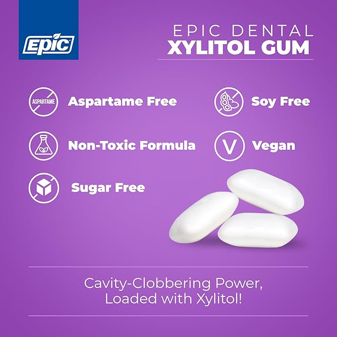 Epic 100% Xylitol Grape Chewing Gum - Sugar Free Aspartame Free Dental Gum - Supports Oral Health &amp Fresh Breath - 50 Pieces (Pack of 3)