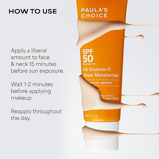 Paula's Choice 5% Vitamin C Sheer Sunscreen for Face SPF 50 Face Sunscreen Moisturizing Lightweight Invisible Prevents Dark Spots No Cast All Skin Types UVA/UVB Protection Fragrance-Free 2oz