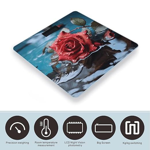 Red Rose in Water Scale for Body Weight Anti-Slip Sturdy Tempered Glass Weighing Machine Highly Digital Accurate Bright LCD Bathroom Scale for Household Gift