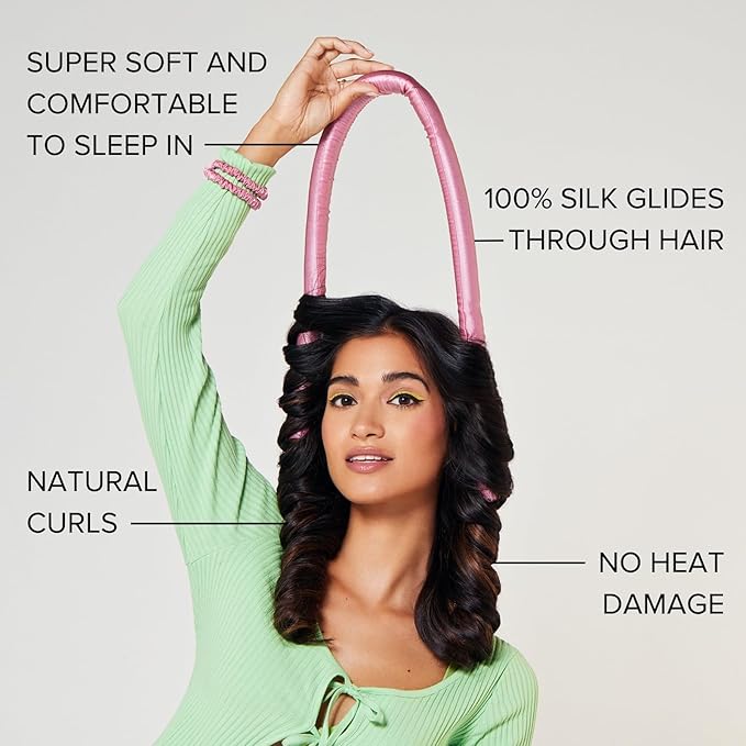 SILKE Heatless Hair Curlers | 100% Luxurious Heatless Curls Headband | Silk Curlers to Sleep In | No Heat Curlers for Overnight Curls | Curling Set | Big Bounce No Effort (Pink)