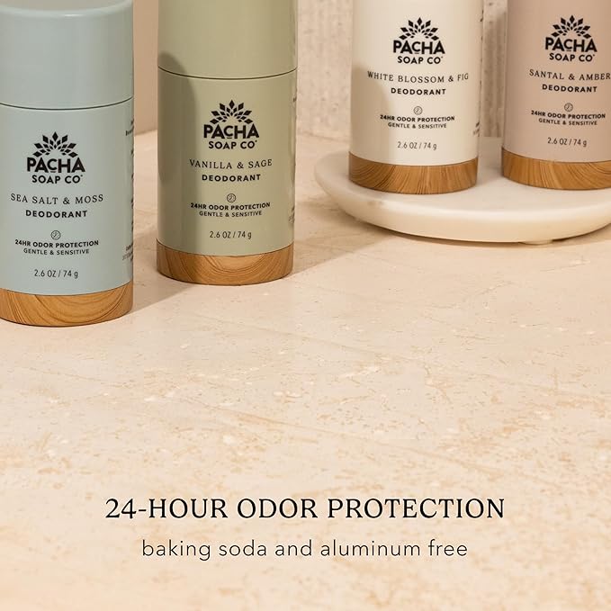 Pacha Soap Co. Aluminum-Free Deodorant - Santal &amp Amber Scented 24-Hour Odor Protection for Gentle &amp Sensitive Skin Clean Ingredients Baking Soda-Free Made in the USA 2-Pack (2.6 oz Each)