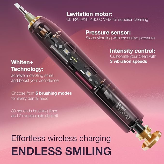 Wagner Stern WHITEN+ Edition. Whitening Electric Toothbrush with Pressure Sensor. Offers 5 Brushing Modes 3 intensities 8 Soft Brush Heads and a Luxury Travel case.