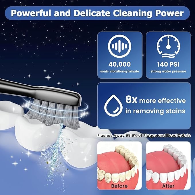 Electric Toothbrush with Water Flosser Upgraded 2.0 Electric Toothbrush for Adults 5 Floss Speeds &amp 3 Modes with 3 Brush + 1 Nozzle 500ML Tank IPX7 Waterproof for Braces &amp Gum Care (Black