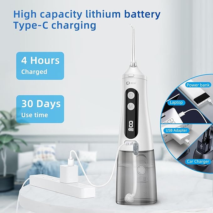 Professional Water Dental Flosser for Teeth &amp Braces - 9 Modes Cordless Oral Irrigator 350ML Large Reservoir 360° Nozzle IPX7 Waterproof Rechargeable Dental Floss Tool (M131 - White)