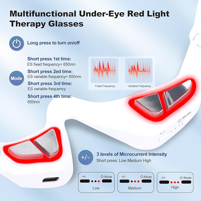 3D Wrap-Around Under-Eye Red Light Therapy Glasses Adjustable Microcurrent Eye Massager for Dark Circles Puffiness &amp Wrinkles Rechargeable Under Eyes Treatment for Women Eye Bags