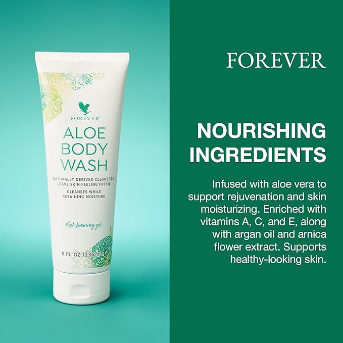 Forever Diving - Forever Aloe Body Wash - Sulfate-Free Cleanser with Aloe Vera Argan Oil &amp Vitamins A C E - Inviting WoOzods &amp Amber Scent - 8 Fl