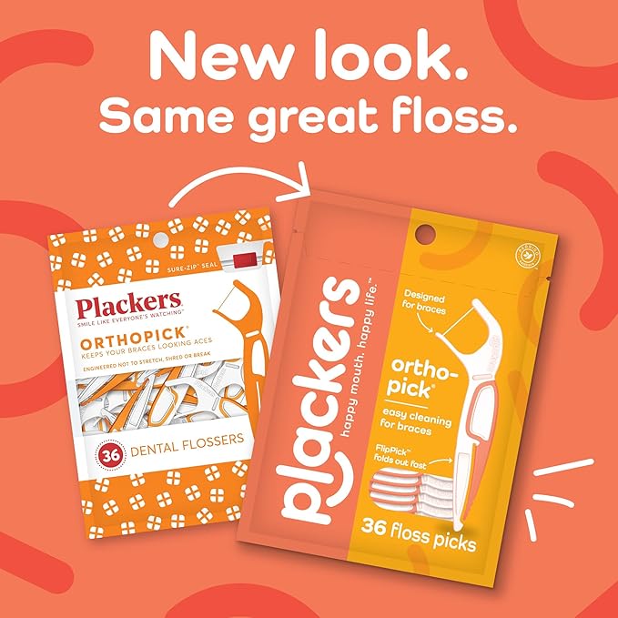Plackers Orthopick Floss PicksUnflavoredDesigned for BracesFold-Out FlipPickTufflossEasy Storage with Sure-Zip Seal36 Count (Pack of 8)