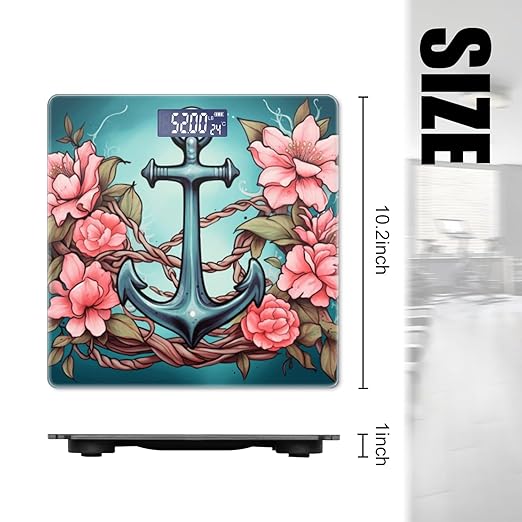 Digital Scale for Body Weight Highly Precision Bathroom Weight Scale 400 lbs with Backlit Display Personalized Scale for Home-Tattoo Design of Anchor Surrounded by Pink Flowers