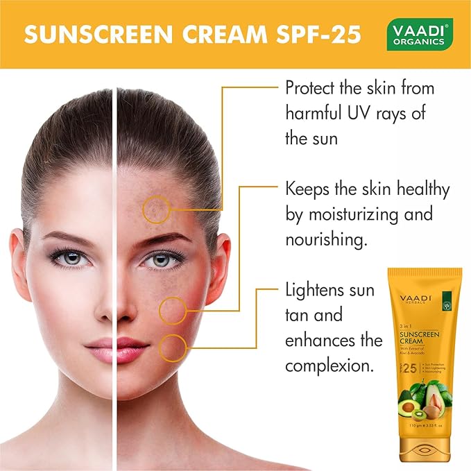 Natural Sunscreen Cream SPF-25 with Extracts of Kiwi &amp Avocado (110 gms) | Protects and Nourishes your skin. For All Skin Type
