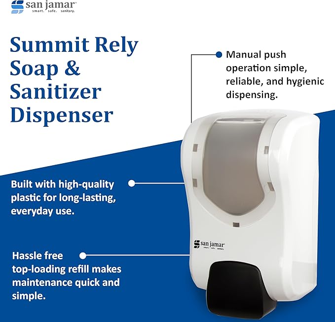 San Jamar Summit Rely Soap &amp Sanitizer Dispenser Manual Wall-Mounted Liquid &amp Lotion Dispensing for Bathroom and Kitchen Plastic 900 mL White